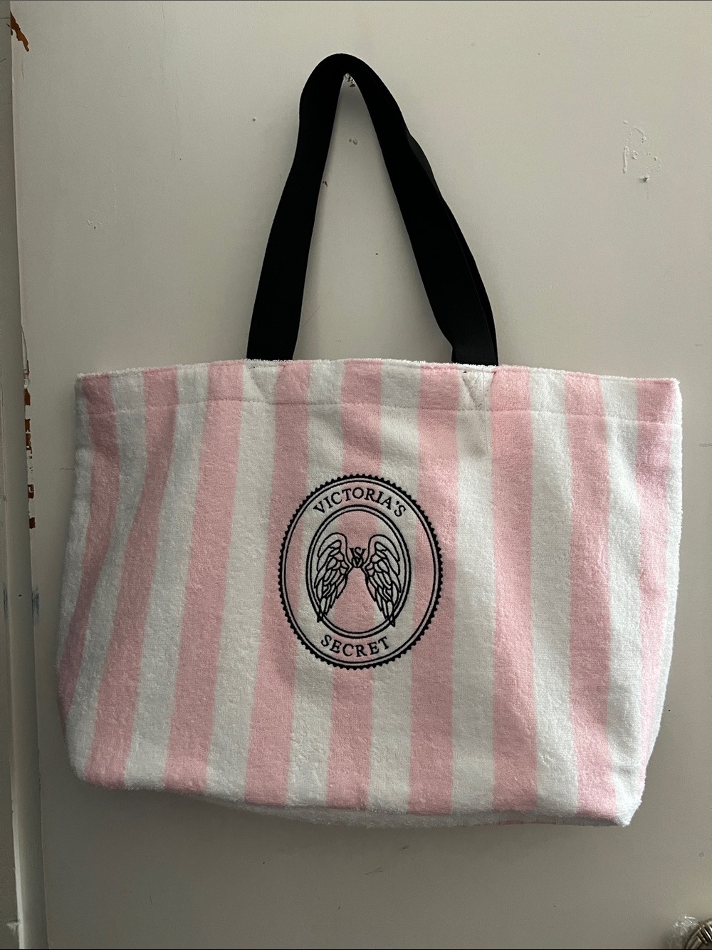 Victoria's Secret Pink & White Striped Tote Bag with Black Handles